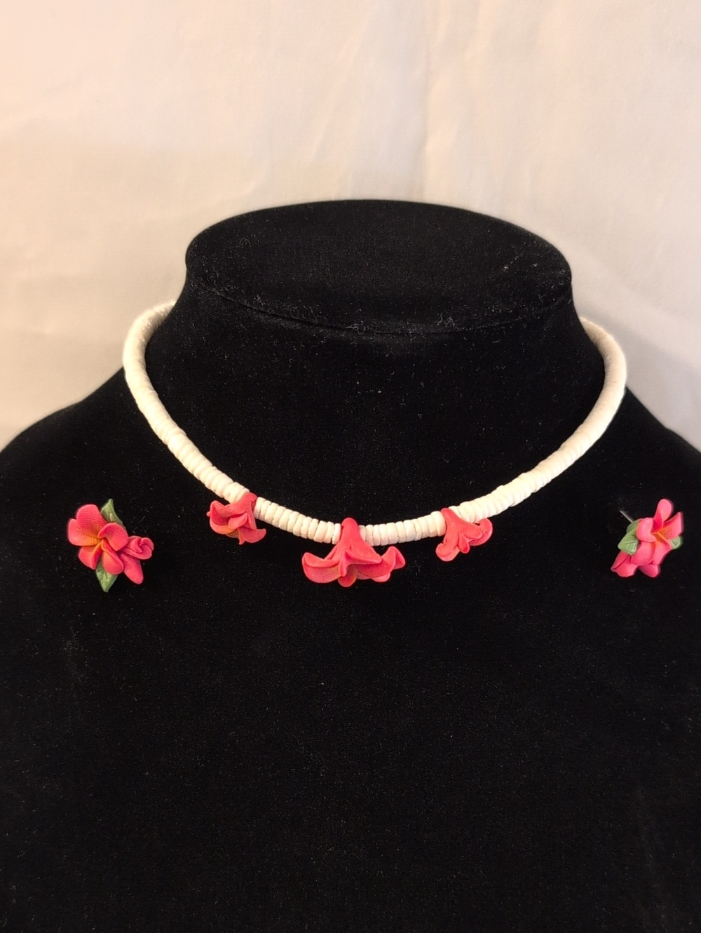 Handmade White Puka Shell Necklace with Pink Flower Charms Matching Earrings